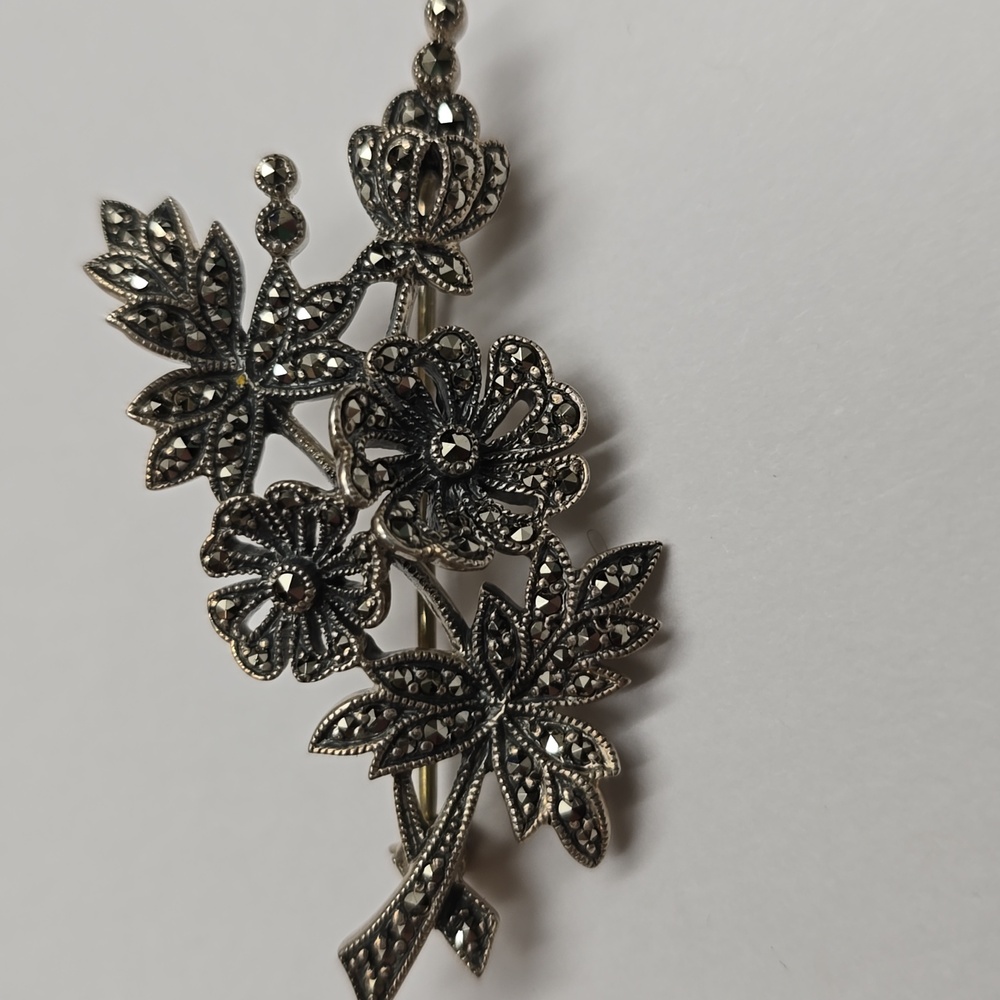 Vintage Sterling Marcasite Floral Spray Brooch